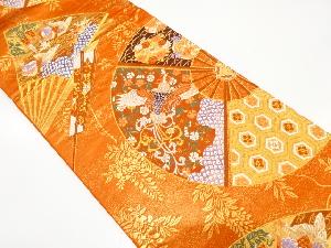 扇に鳳凰・花・古典柄模様織り出し　袋帯